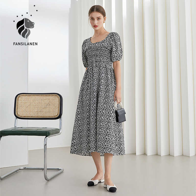 

FANSILANEN Office Lady French Floral Round Neck Dress Women Summer Fresh Puff Sleeve Long High Waist A-line Skirt 210607, Black