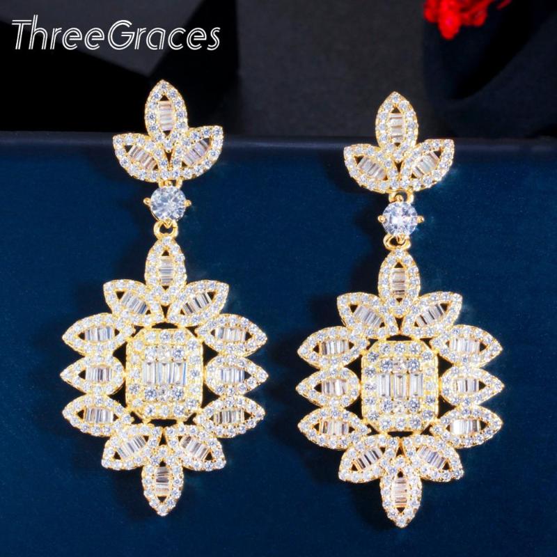 

Dangle & Chandelier ThreeGraces Sparkling Cubic Zirconia Gold Color Long Big Leaf Drop Earring For Women Trendy Party Wedding Jewelry ER521, Silver