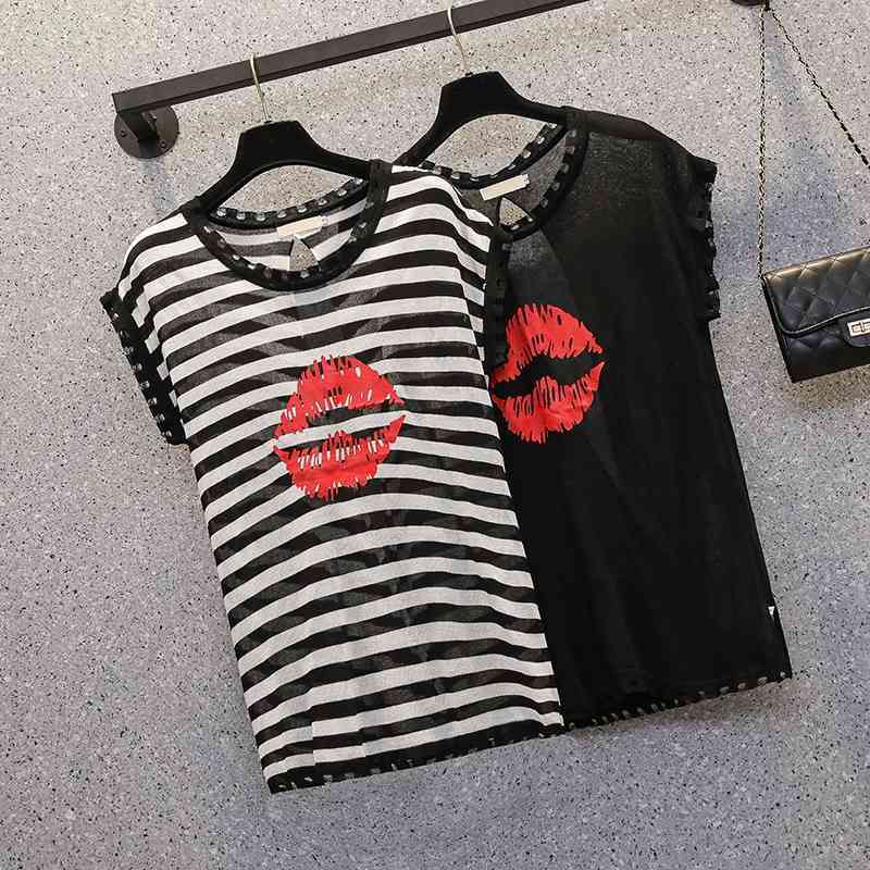 

M- plus size women thin kint sweater T-shirt Summer short sleeve o neck Stripe loose Oversized female pullover jumper 210604