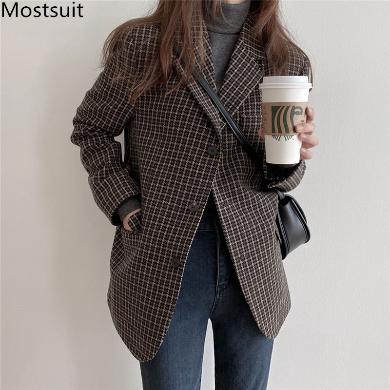 

Classic Plaid Vintage Women Blazer Coat Full Sleeve Notched Collar Single-breasted Jacket Korean Fashion Female Blazers 210518, Picture color