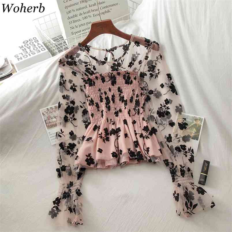 

Women's Slim-Fit Tops Shirt Floral Patch Mesh Stitching Pleated Elastic Waist Fashion Blouse Korean Sexy Blusas 210519, Black