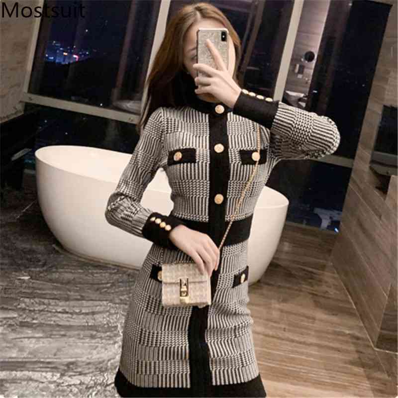 

Winter Knitted Striped Vintage Dress Women Long Sleeve O-neck Gold Buttons Elegant Ladies Korean Dresses Vestidos Mujer 210518, Black