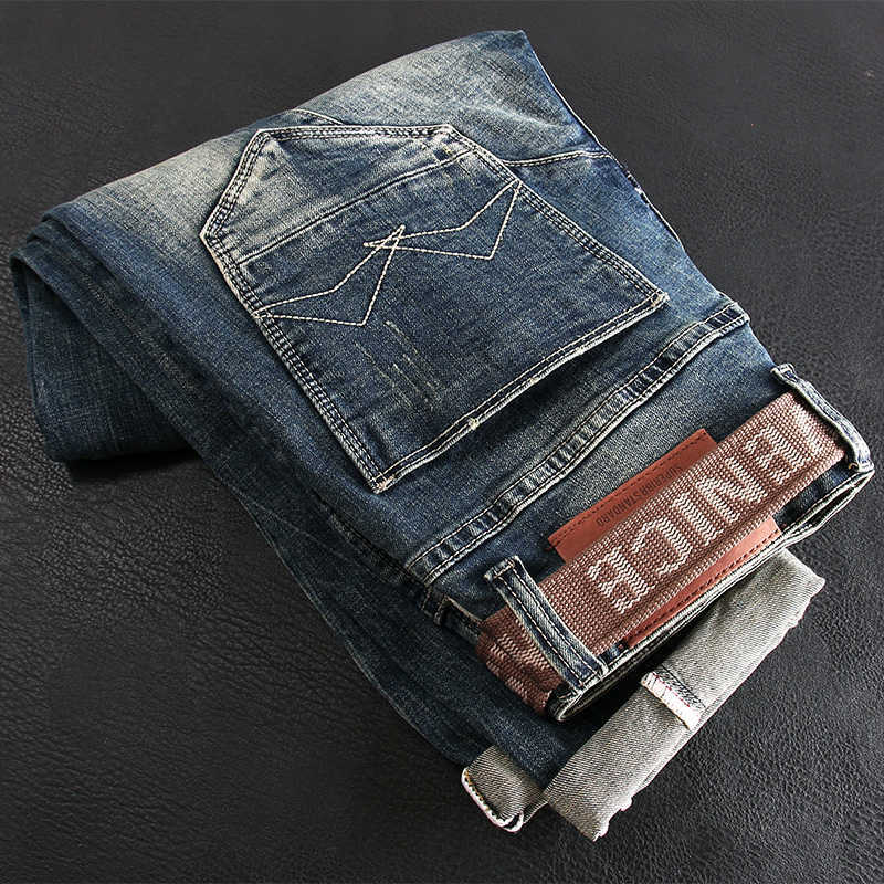 

Ly Vintage Fashion Men Jeans High Quality Retro Blue Spliced Designer Slim Fit Ripped Hip Hop Casual Denim Pants QRHT