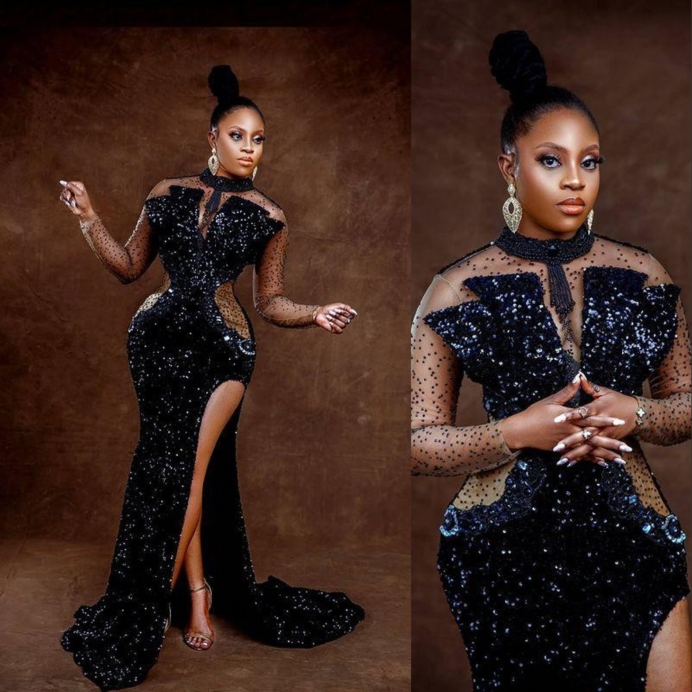 2021 Sexy Prom Dresses Mermaid Dark Navy Blue Sequined Lace High Neck Illusion Long Sleeves Appliques Pearls High Side Split Formal Party Dress E