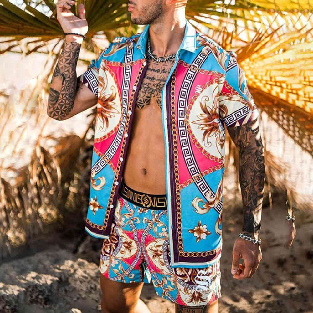 

2021 Summer Europe United States Men's New Print Leisure Loose Two-Piece Set Hawaii Beach Suit Male Lapel Short Sleeve+Shorts, Gray