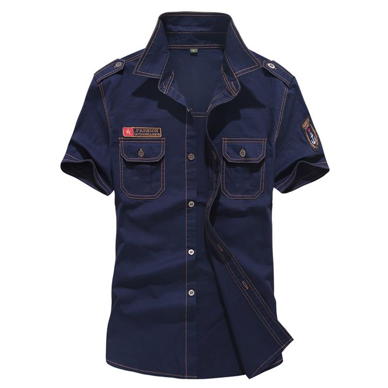 

Men's Casual Shirts Men 2021 Summer Solid Military Short Sleeves Cotton Breathable Loose Denim Shirt, Blue