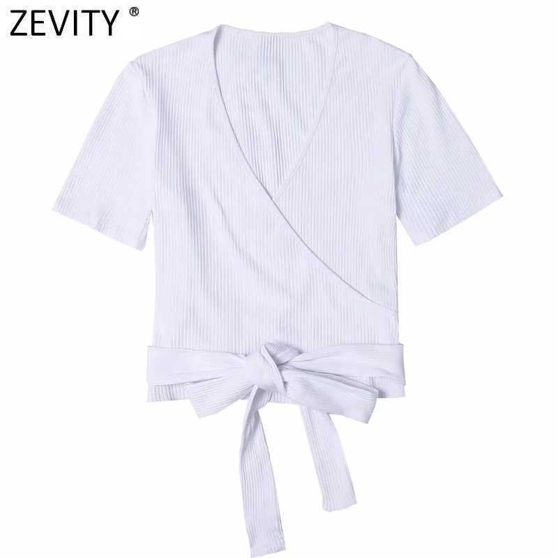 

Zevity Women Simply Cross V Neck Hem Bowknot Short Chic T Shirt Ladies Candy Color Short Sleeve Casual Slim Crop Tops LS7551 210603, Fh ls7551p