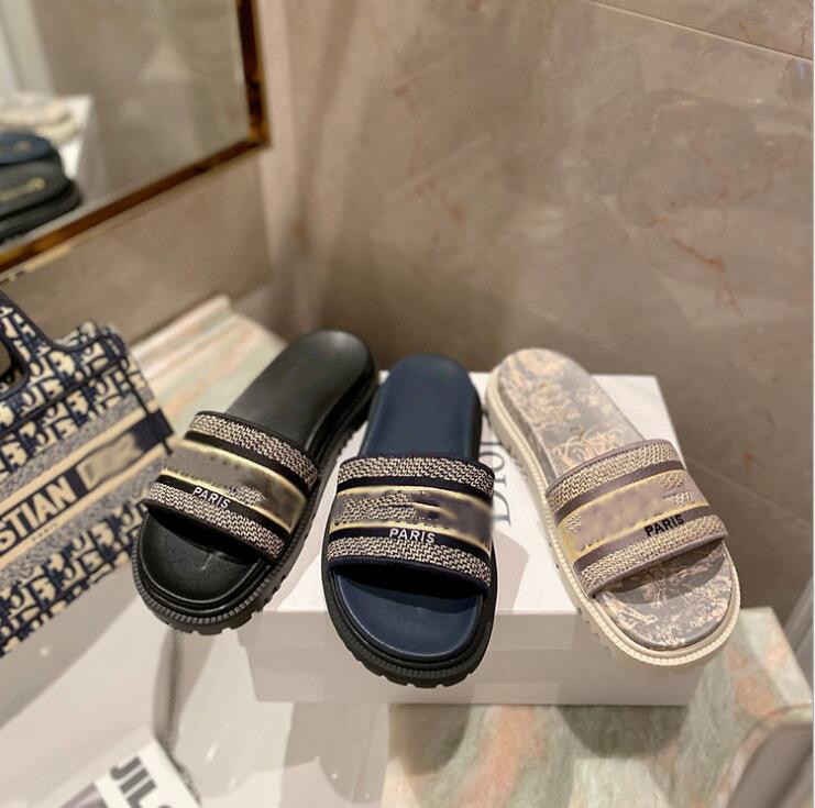 

[With box]Thick bottom Preferential 2021 designer leather women slippers sandals denim summer flat outdoor beach ladies rainbow lettered, Black