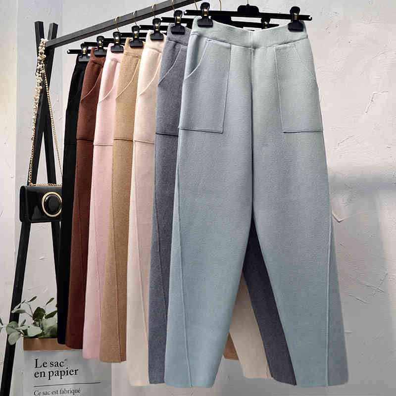 

pant Women's Winter Warm Wool Blend Thick Harem Knitted Ankle Retro Thickening Solid Pink/Blue Casual Loose Knit Pants Trousers, Beige