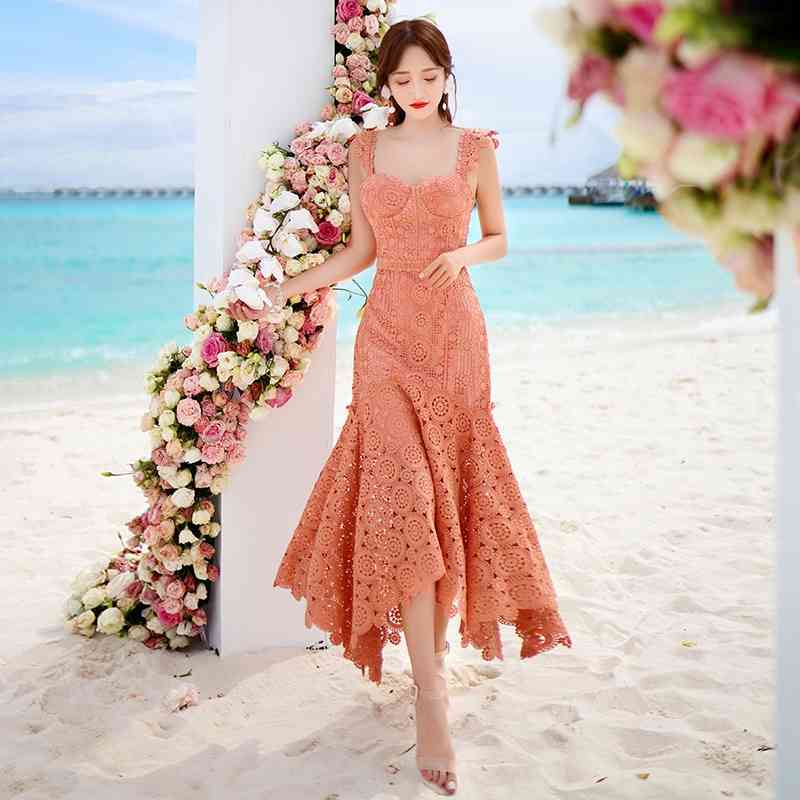 

Fashion Designer Runway Summer Dress Women Spaghetti Sexy Strap Pink hollow Lace Trumpet Mermaid Vestidos 210520, Photo color