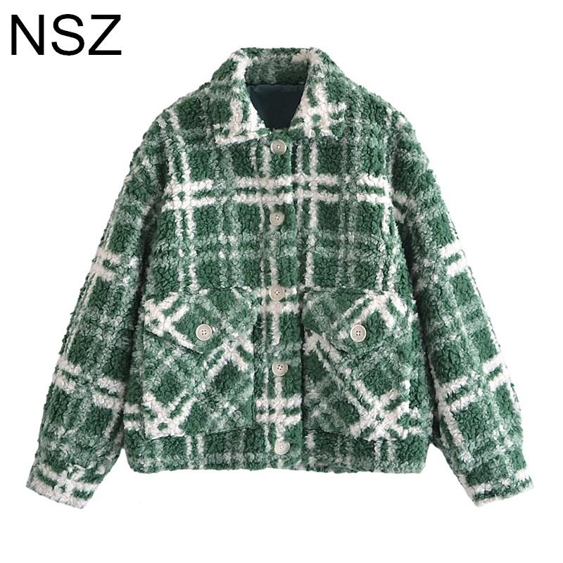 

Women's Jackets NSZ Oversize Plaid Warm Jacket Winter Woman Checkered Large Size Faux Fur Fleece Coat Female Outerwear, 120328-01