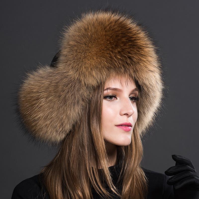 

Berets Winter Warm Ladies 100% Real Raccoon Fur Hat Russian Bomber With Ear Flaps For Women, Blue;gray