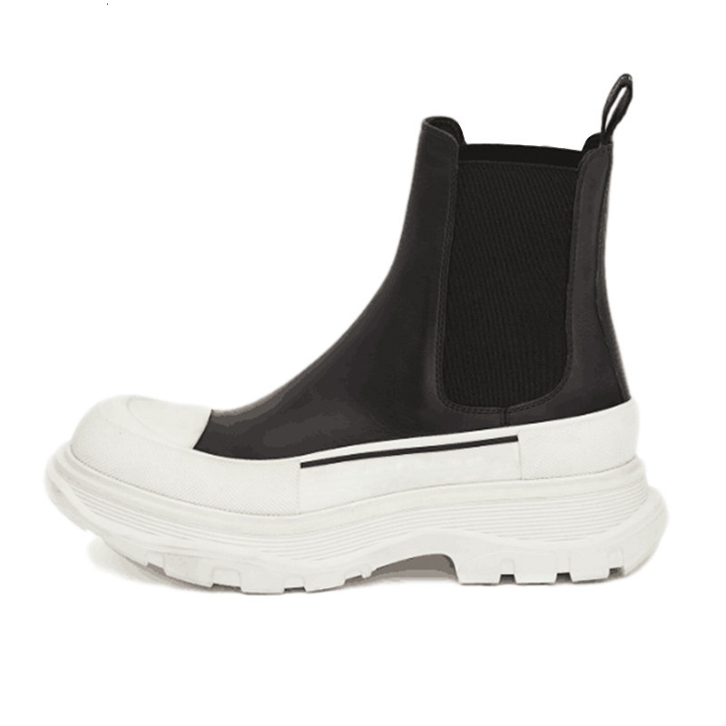 

Boots Autumn Platform Martin Women Thick Sole Real Leather Slip On Ankle Botas Round Toe Mixed Color short boots Casual Shoes 9BM0, Black