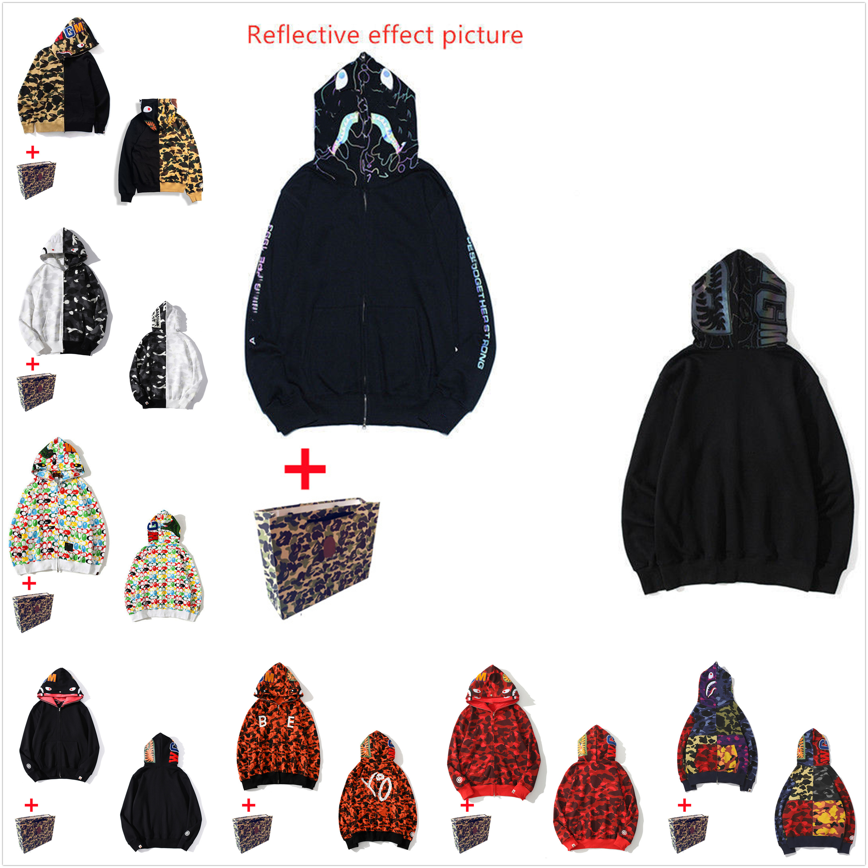 

Apes Men's shark Hoodies women's cardigan hooded high quality jacket luminous camouflage star head M-3XL Bring tote bag 0202, Black