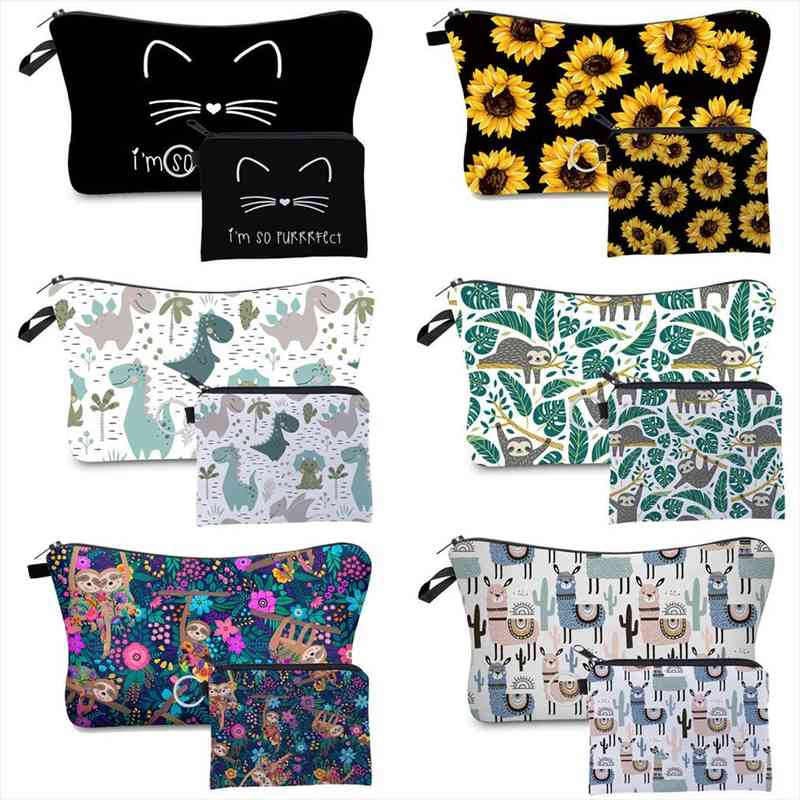 

2 pcs printed makeup cosmetic bag cute animal pattern set for women combination organizer