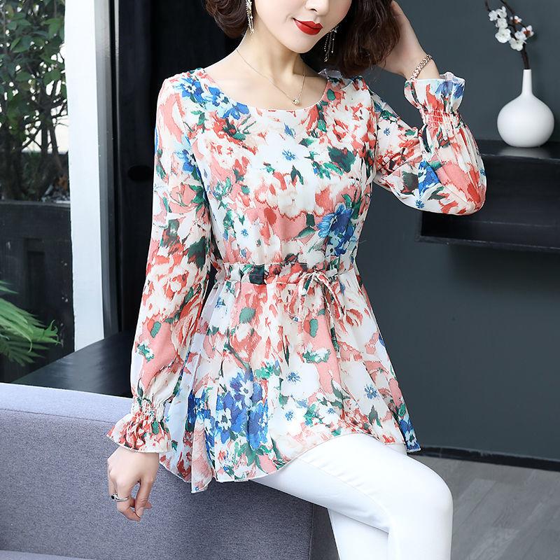 

Women's Blouses & Shirts Chiffon Shirt Long-sleeved 2021 Spring And Autumn Large Size Mid-length Waist Top Loose Thin Bottoming, Blue