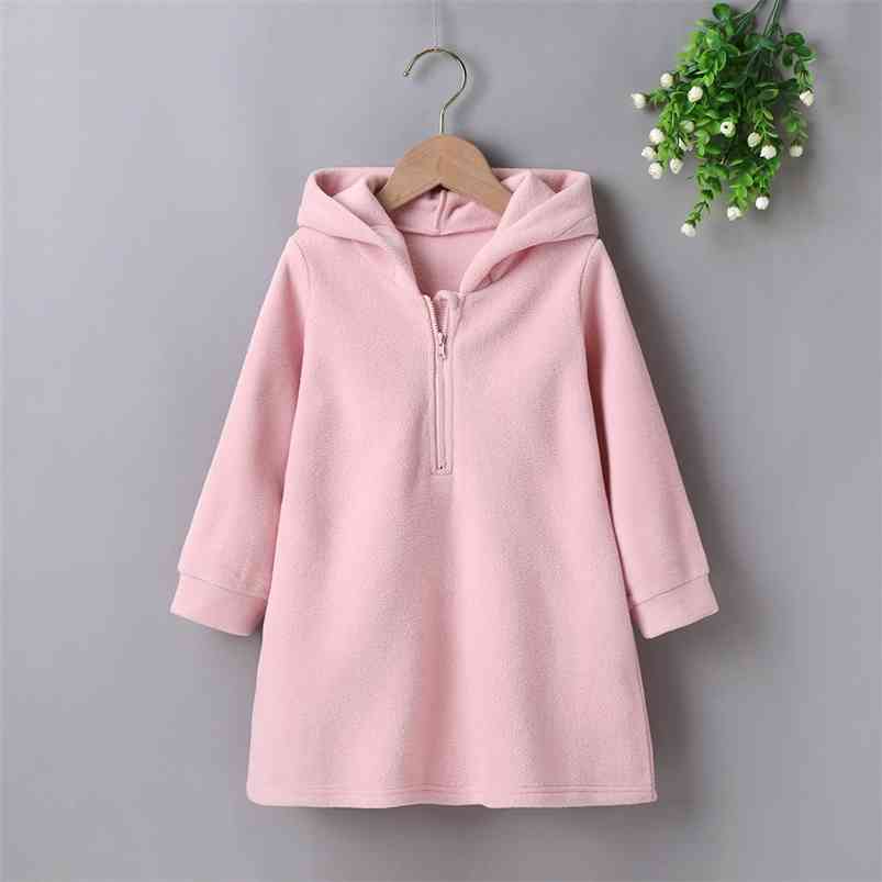 

Winter Children Casual Cotton Long Sleeve Zipper Hooded Pink Solid Loose Baby Girls Coat 2-6T 210629