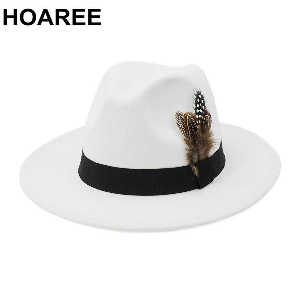 

Hoaree White Wool Vintage Trilby Felt Fedora Hat with Feather Women Men Church Hats Wide Brim Male Female Autumn Jazz Caps Q0805