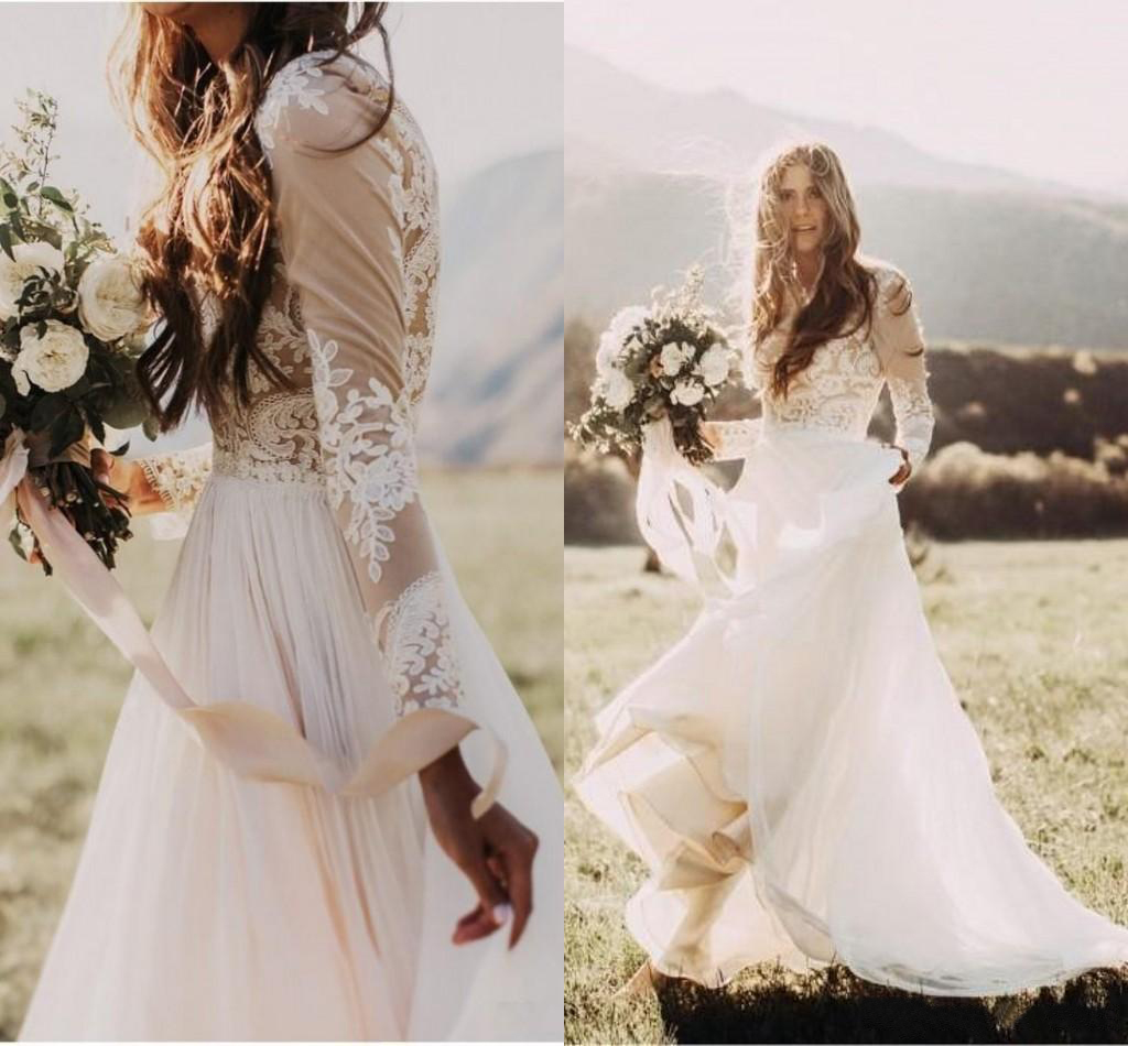

2021 Bohemian Country Wedding Dresses With Sheer Long Sleeves Bateau Neck A Line Lace Applique Chiffon Boho Bridal Gowns Cheap, Daffodil