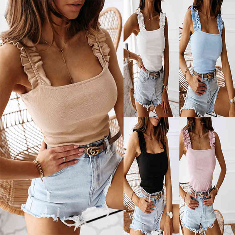 

Sexy Backless Low Cut Ruffle Ruched Tank Tops Summer Fashion Womens Knit Slim Camis Vests Ladies Solid Camisole Wdc4932, White