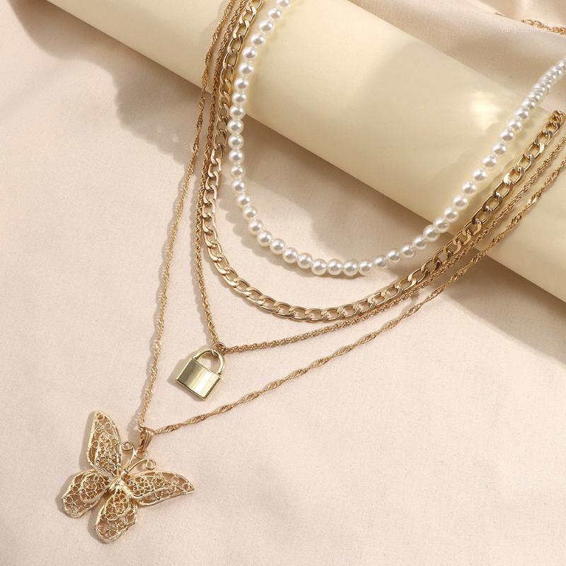 

Chains Flatfoosie Multi-layer Hollow Butterfly Lock Necklace For Women Fashion Imitation Pearl Metal Chain Choker Boho Jewelry
