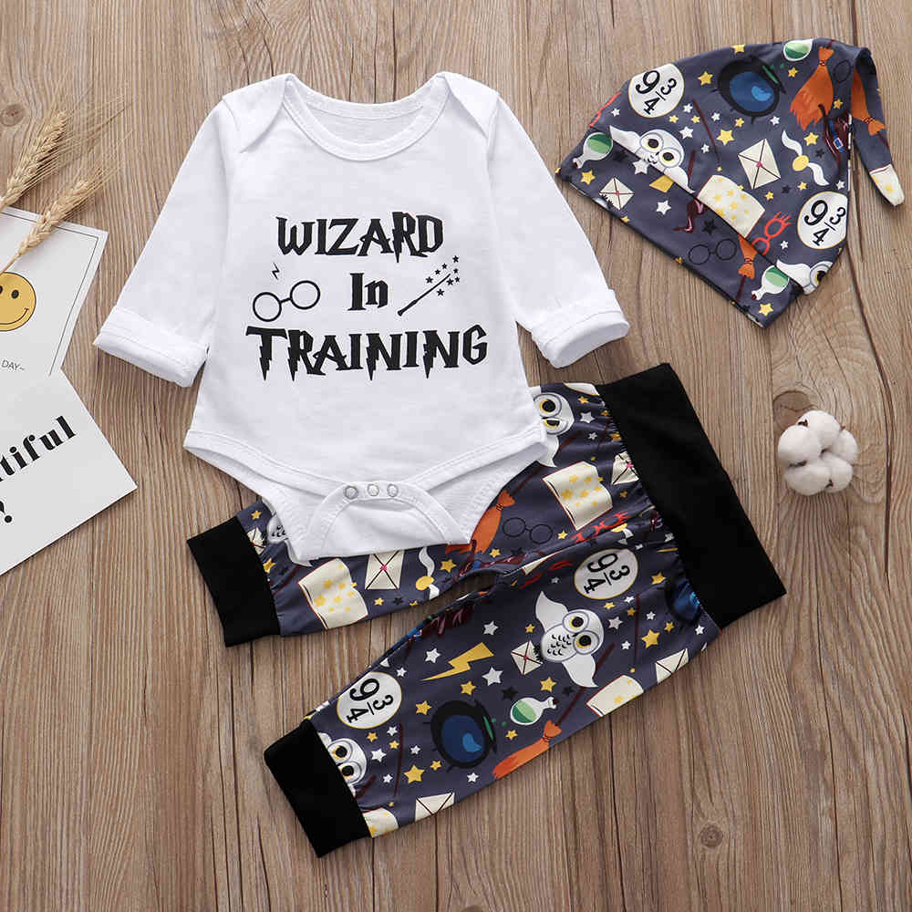 Clothing 3PCS Sets Newborn Boys Girls Clothes Summer Little Wizard Arrived Tops T-shirt+Halloween Pants+Hat Infant Baby Outfitq1221-image-681562947