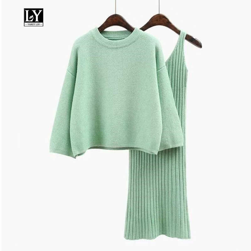 

Ly Varey Lin Autumn Winter Womans Sweater + Straped Mini Dress Sets Solid Color Casual Loose Knitted Two-pieces Suits 210526, Green