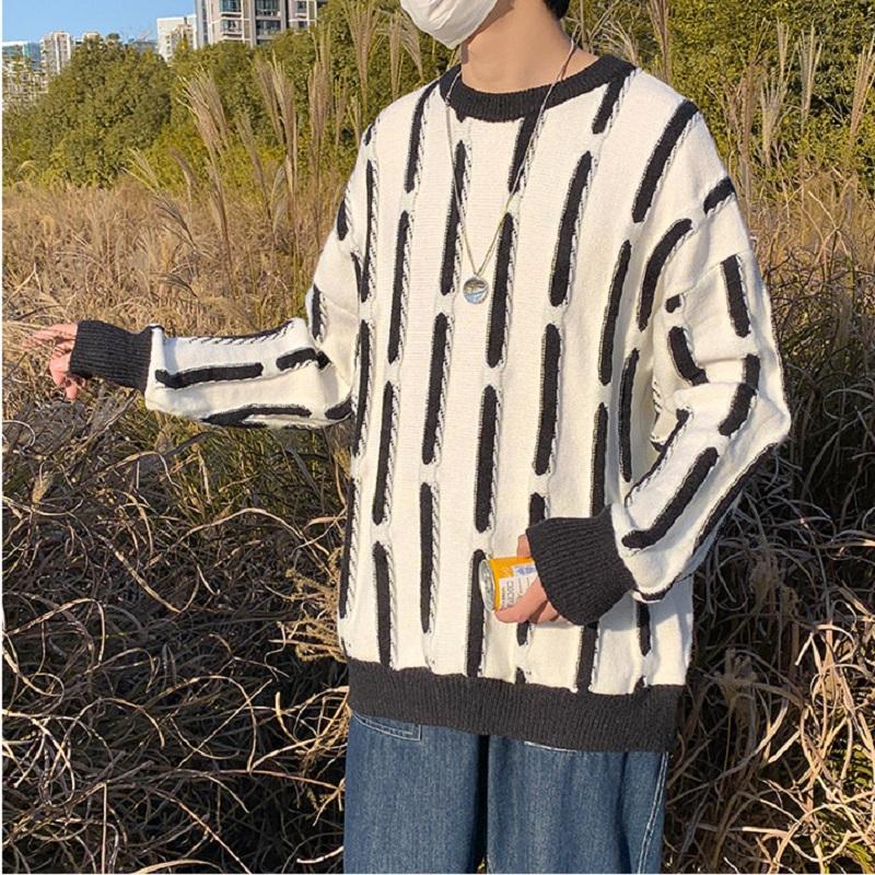 

Men's Sweaters Fashion Loose Round Neck Knitted Sweater Ins Korean Color Blocking Long Sleeve Pullover Tide Brand Harajuku, White;black