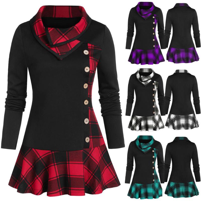 

Women's Blouses & Shirts Plus Size Elegant Plaid Print Blouse Women Fashion Button Cowl Neck Long Sleeve Pachwork Pliad Harajuku Loose Tops, White