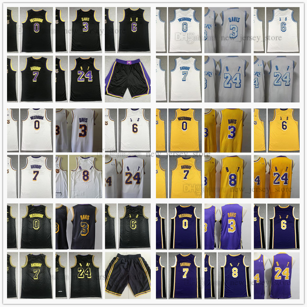 

2021-2022 Basketball Jerseys James 6 Lebron Russell 0 Westbrook Carmelo 7 Anthony 3 Davis Jersey TOP Stitched Purple Yellow White Black Size S-XXL, Black;red
