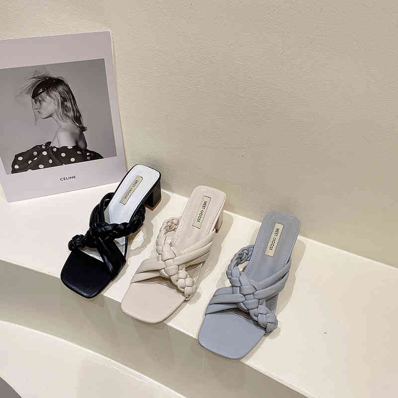 

Slippers Summer Fashion Cross Strap Sandals Slides Thick High Heels Open Toe Ladies Pumps Dress Shoes Woman Size 35-39 ND8D, Black