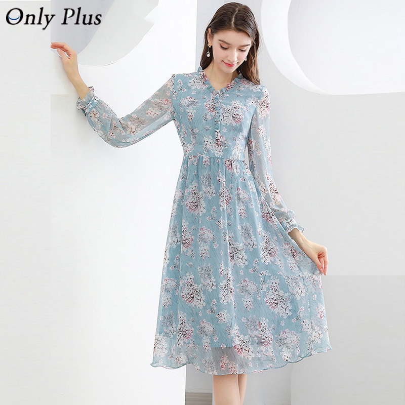 

Women Elegant Knee Chiffon Dress Spring Slim Waist Female Party Dresses Design Printed 210518, Sky blue