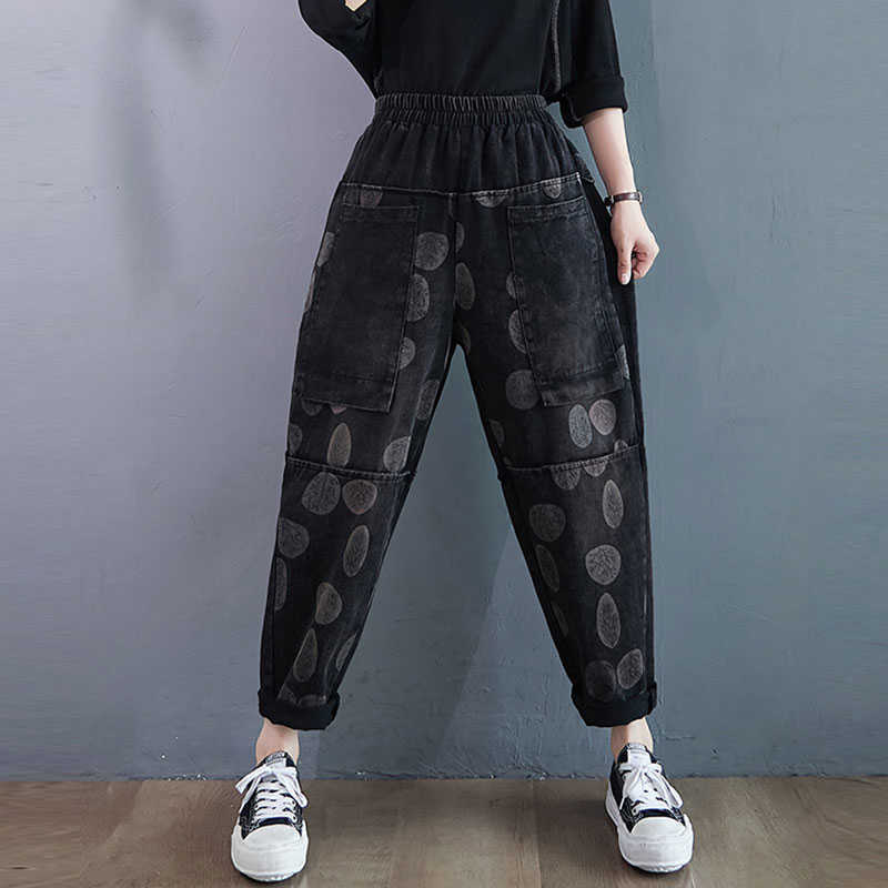 

Autumn Winter Plus Size Women Jeans Arts Style Elastic Waist Cotton Denim Harem Pants Dot Print Jeans Trousers M674 210608, Picture color