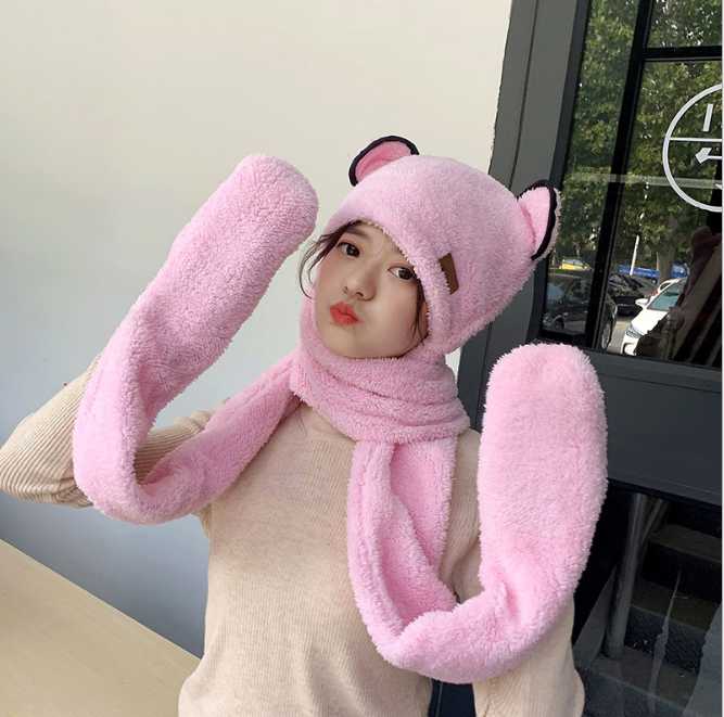 

Hats, Scarves & Gloves Sets Pink Cartoon Bear Plush Warm Bomber Hats Fur Hat Scarf 3in1 Set Wraps Furry Cap Head Warmer Outdoor Earflap Girl
