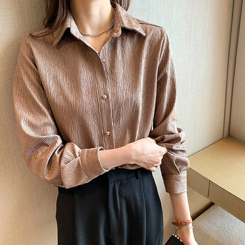 

Korean Women Blouses White Shirts Casual Woman Long Sleeve Chiffon Tops Plus Size Vintage Basic Shirt 210604, Apricot