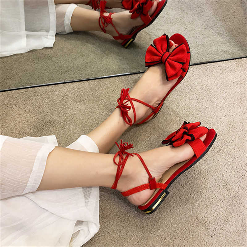 

COOTELILI Women Summer Sandals Bow Decoration Flats Fashion Shoes New Comfortbal Lace Up Y0721, Black