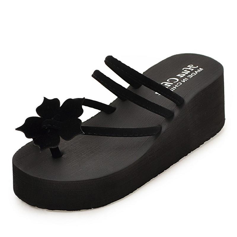 

Slippers Platform Wedge Shoes Flower Flip Flops Women Summer 2021 Non-slip Sandals Slipper Beach Sexy High Heel, Black