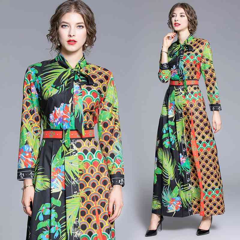 

Luxury Runway Bow Printed Pleated Dress Women Fashion Long Sleeve Party Prom Slim Ladies Designer Dress Elegant Office Button Shirt Dresses, Black;gray