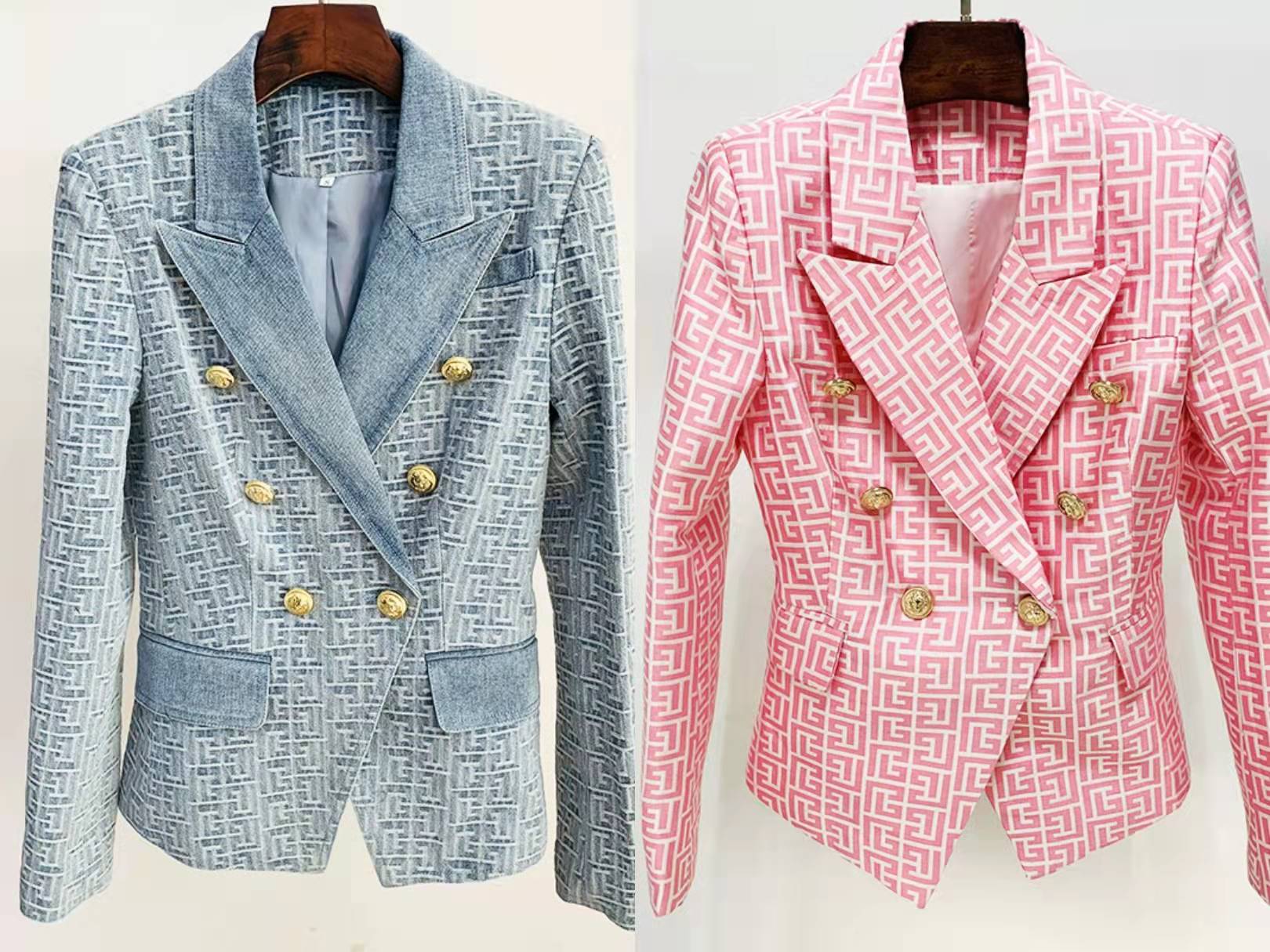 

Spring high quality retro blazer with pink printed double-breasted lion button, 2255