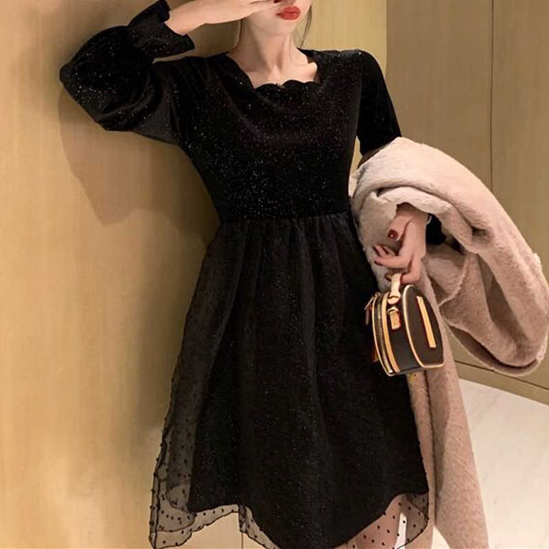 

Sexy Velvet Black Short Goth Dress Winter Lace Women Sweet Long Sleeve Nightclub Party Female Korean 210604, Black velvet dress