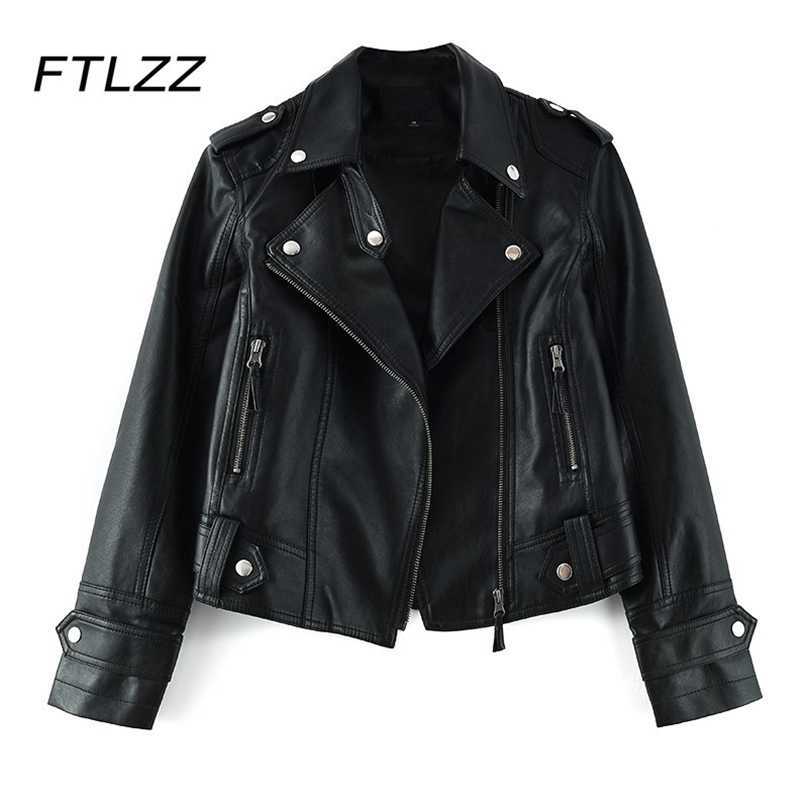 

Woman Black Leather Jacket Spring Long Sleeve Turn Down Collar Zipper Rivet Short Faux Coat Ladies PU Biker Outwear 210525