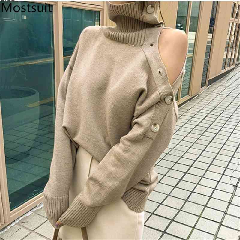 

Winter Korean Casual Turtleneck Strapless Buttons Pullover Sweater Women Long Sleeve Sexy Solid Loose Fashion Tops Sweaters 210518, Khaki