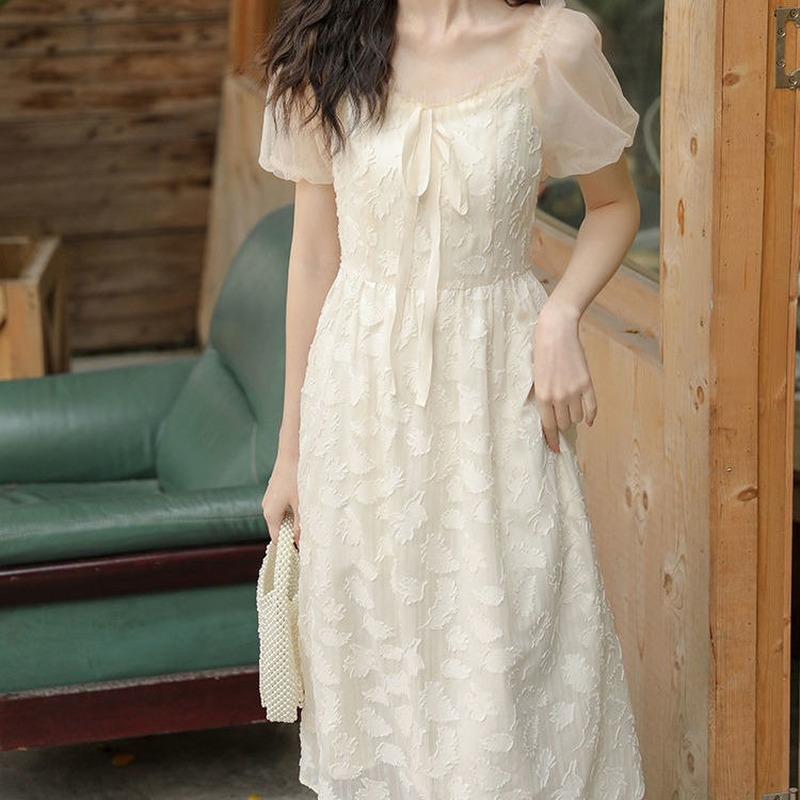 

2021 Summer One Piece Dress Korean Vintage Midi Women Casual Short Sleeve Bow Thin Lady Elegant, Apricot