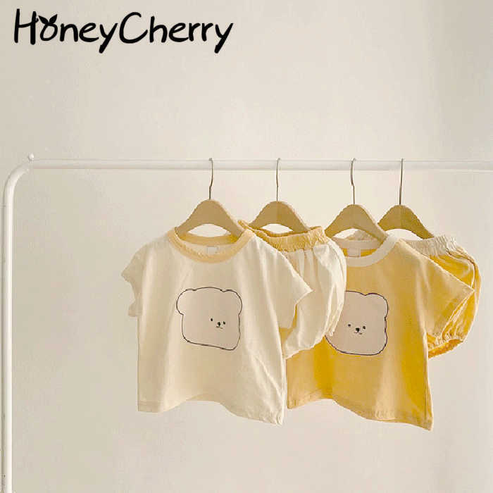 

Summer dress print set baby boy and girl cartoon two-piece cotton set kids clothing 210701, Beige