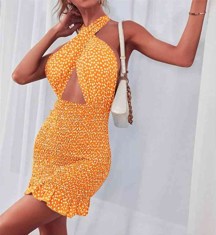 

summer backless floral womens dress printed pattern halter neck hollow out mini dresses green red yellow, Black;gray