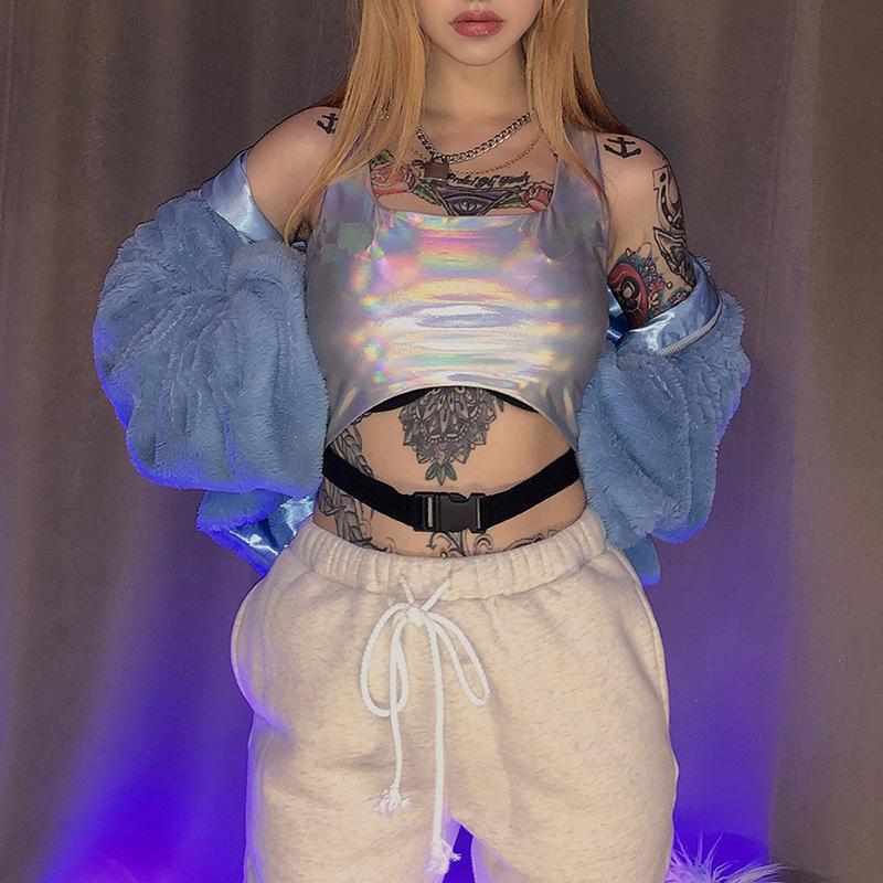 

Women' Tanks & Camis 2021 Arrivals Summer Fashion Sexy Spaghetti Strap PU Leather U Collar Silver Solid High Street Women Tops