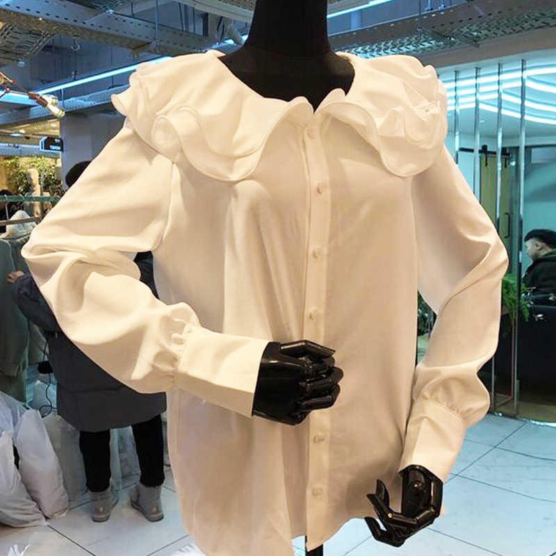 

Spring Sweet Peter Pan Collar Ruffles Patchwork White Full Shirt Women's Top 210615