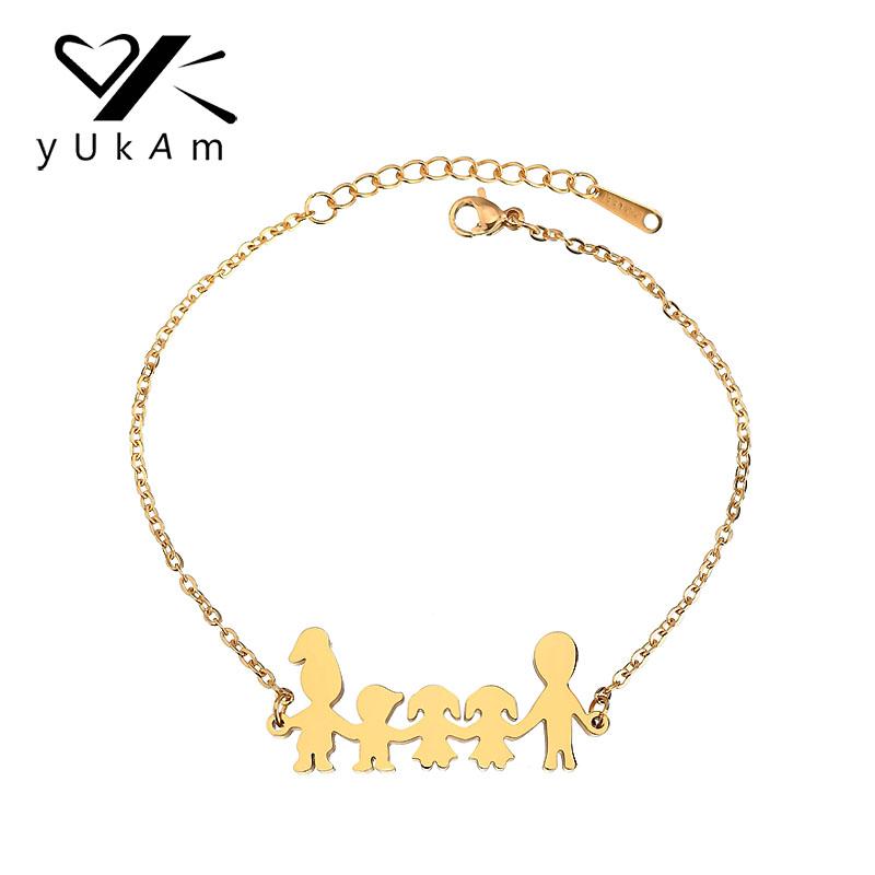 

Charm Bracelets YUKAM Minimalist Stainless Steel Gold Family Mom Dad Son Three Baby For Women Father Daughter Mother Jewelry