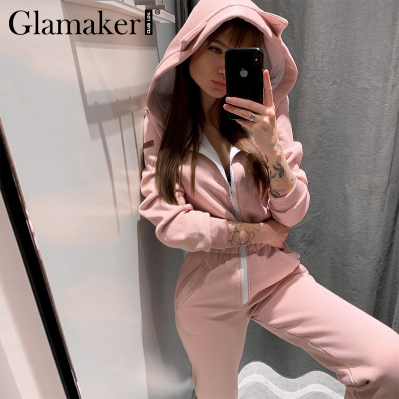 

2021glamaker pink casual long sleeve long jumpsuits & rompers women zipper fitness winter hood jumpsuit autumn outfits 2021new, Black;white