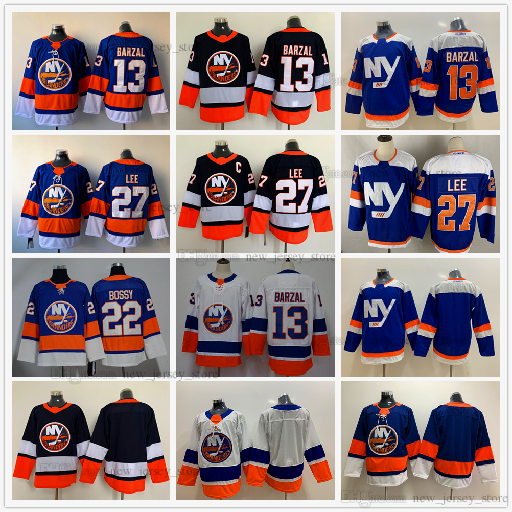 

2021 Reverse Retro Ice Hockey 13 Mathew Barzal Jerseys Royal Blue 27 Anders Lee 22 Mike Bossy Jersey White Blank no name number, Black;red